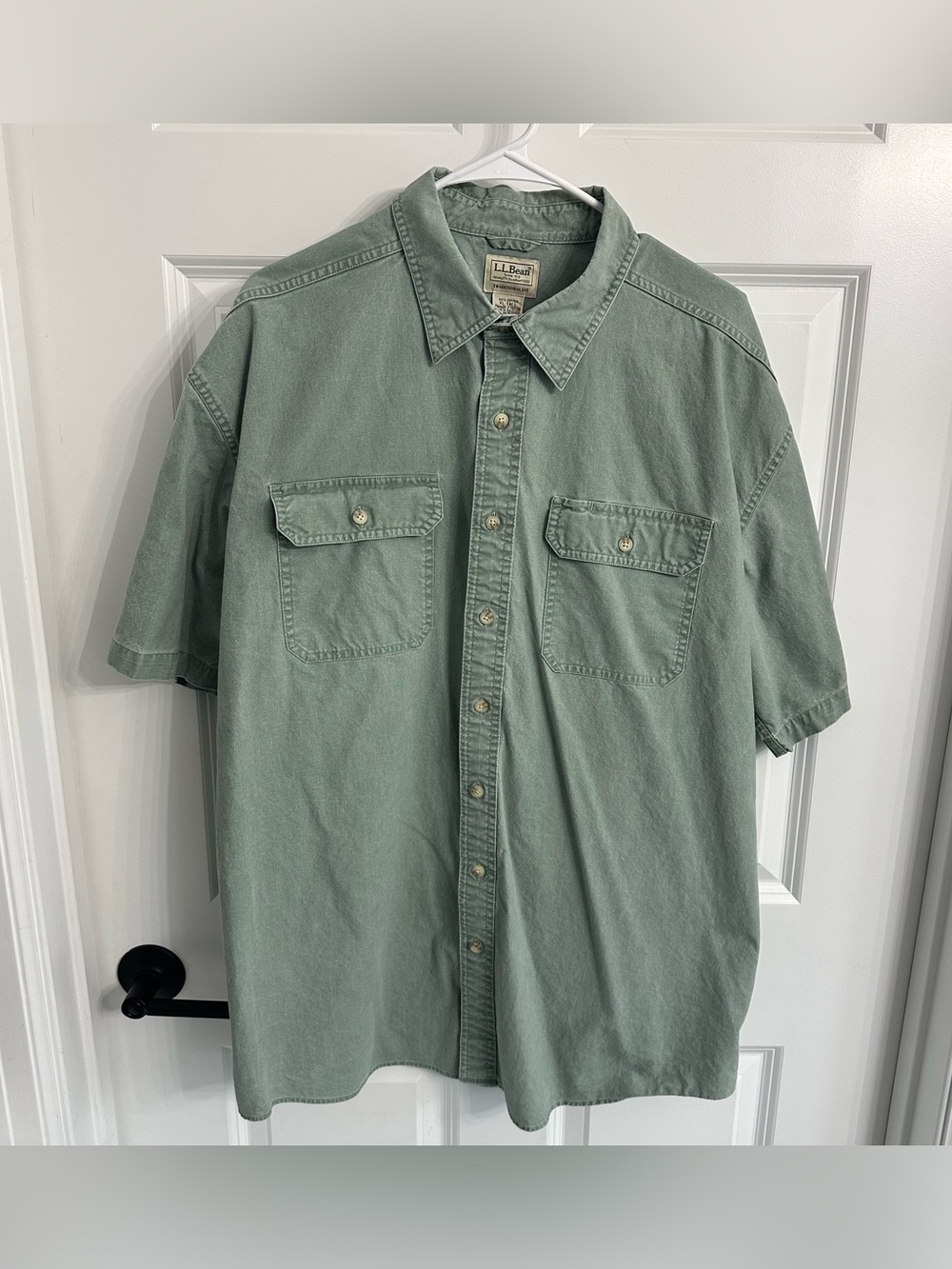 Vintage LL Bean Olive Green Short Sleeve Button Up Utility Shirt Men’s XL Tall
